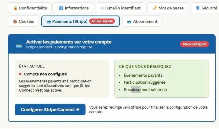 Interface de configuration Stripe Connect sur Consomyzone